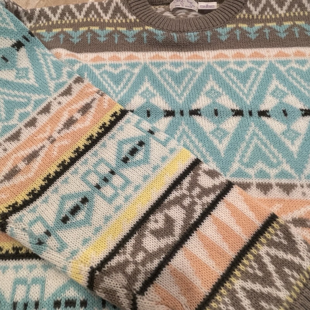 Vintage 90s‎ Womens Sweater Southwestern Teal Peach Small Fisherman Hippie Boho